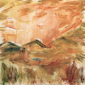 abstract mountain painting in terra cotta and green