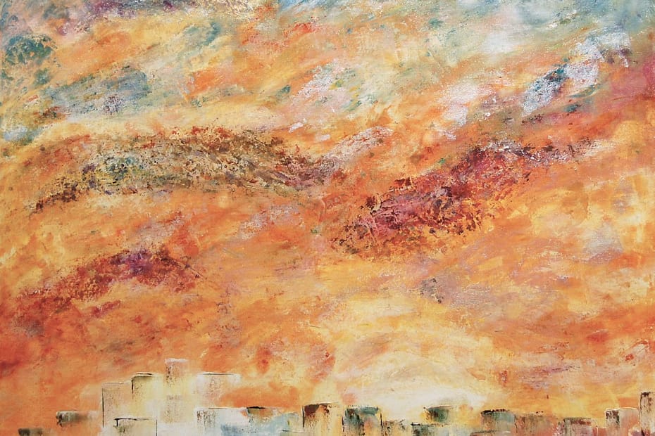 acrylic painting of soaring over a city